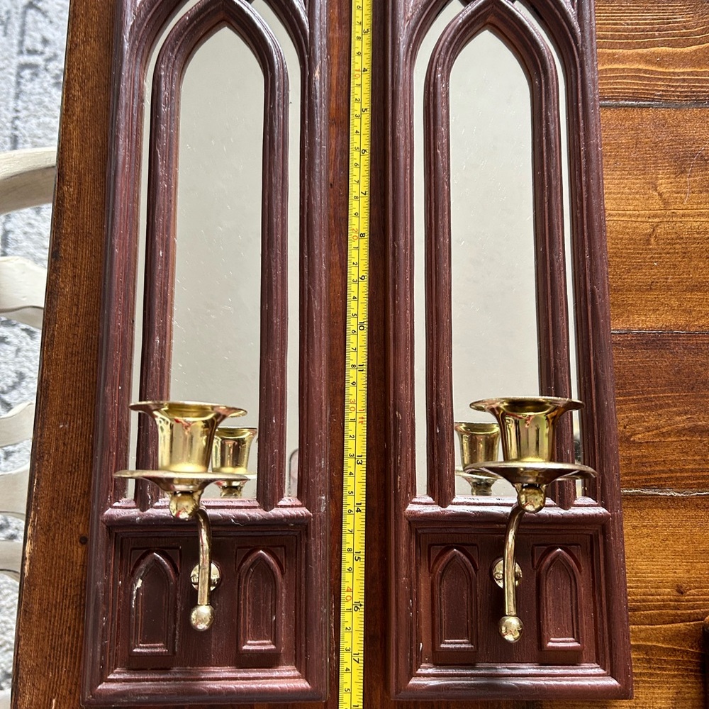 Vintage Wooden Wall Hanging Candlestick Holder Mirrored Back